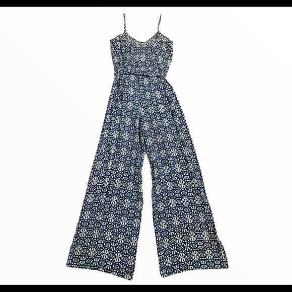 F21 Contemporary Geo Print Wide-Leg Jumpsuit With Tie Waist Blue Size Small - Picture 8 of 11